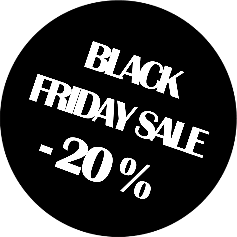 Ein schwarzes Bild mit weißen, diagonalen Text, der für eine Black Friday Verkaufsaktion wirbt. Der Text lautet: "BLACK FRIDAY SALE -20 %".