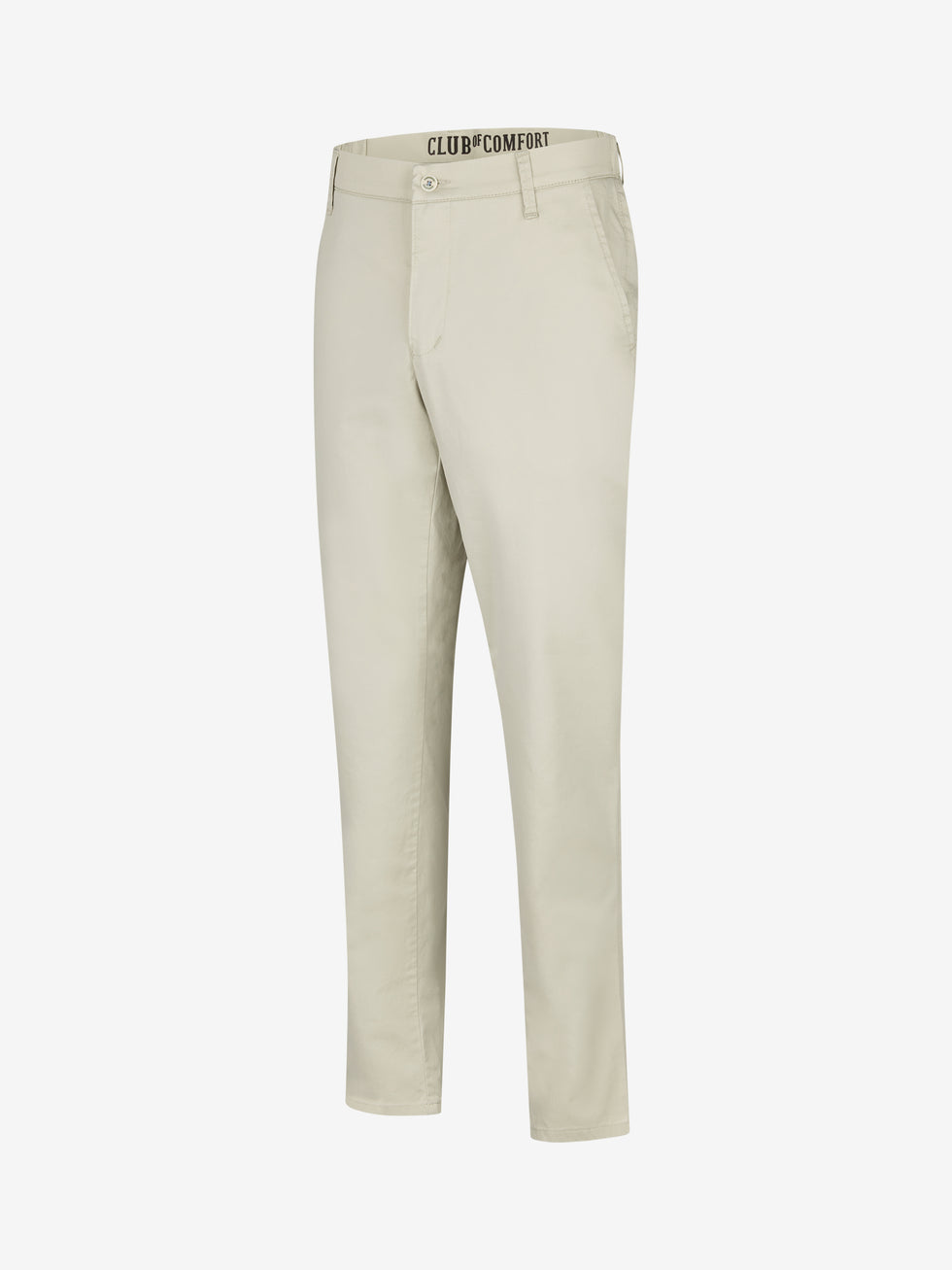 Beige Super bequeme Chino-Hose FOXX 8170 in Slim Fit, aus sommerleichter Baumwolle mit High Stretch Qualität, mit Comfort-Flex-Bund, Hemdenstopper, hoher Leibhöhe, schlankem Bein, made in Green by Oeko-Tex, geeignet für Frühjahr/Sommer.