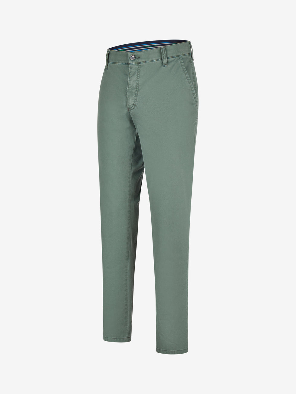 Blaue-grüne Chino-Hose mit Flat Front und elastischem Komfortbund, hergestellt aus recyceltem Baumwoll-High Stretch mit Fade Out-Färbung und Coolmax EcoMade Klimaregulierung, Modell GARVEY 7323, Regular Fit, mit Münztasche in rechter Seitentasche, ideal für Frühjahr/Sommer.