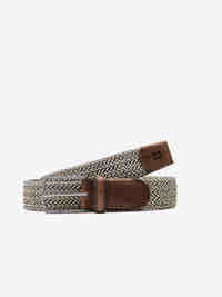 Beige, braun und blauer elastischer Two-Tone-Flecht-Bandgürtel mit Logoprägung in der Lederspitze, polierter Metallschließe, Breite 3,4 cm, Länge 90-125 cm, von Club of Comfort – sportiv, stretch, Ganzjahres.