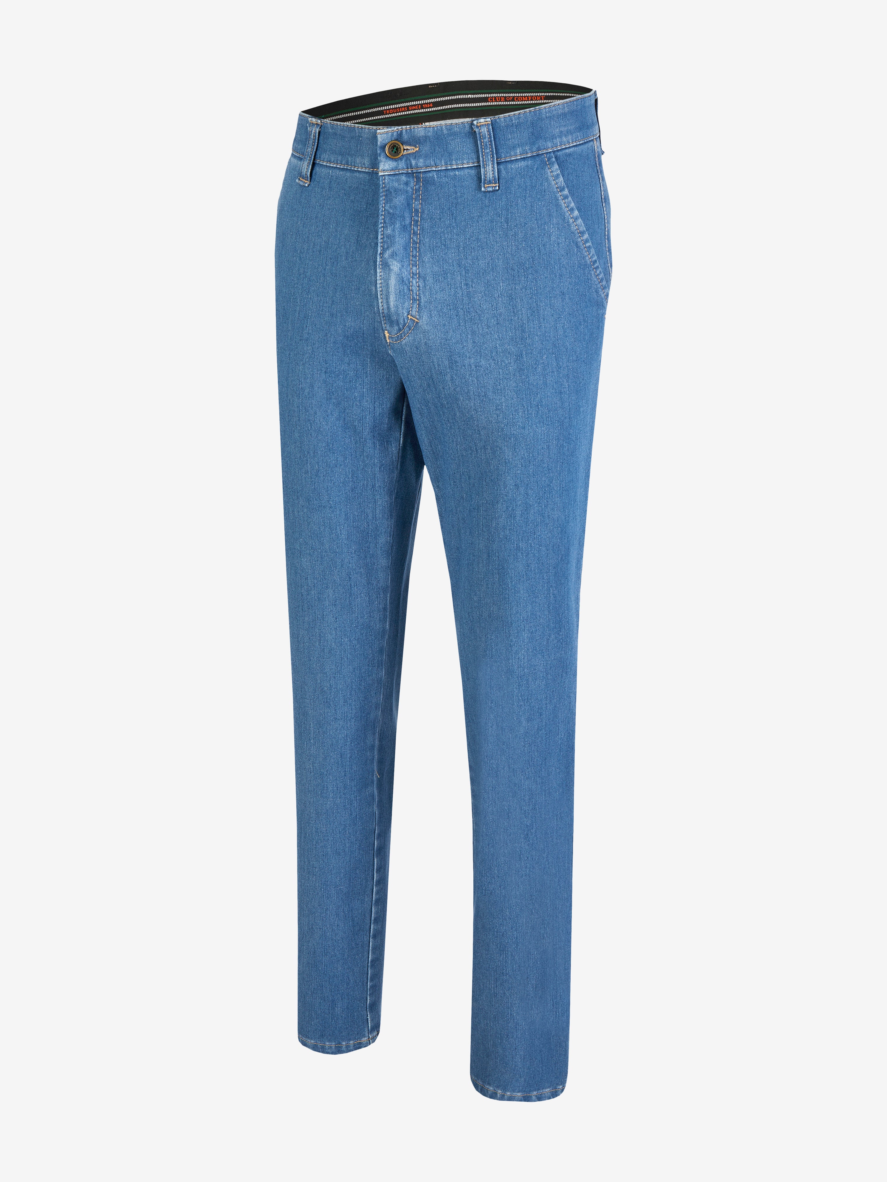 Helle Blue Garvey 7054 Flat Front-Hose aus Bi-Stretch-Denim mit Komfortbund, Hemdstopper, Münztasche, schmaler Beinverlauf, Regular Fit, elastisch, formstabil, geeignet für alle Jahreszeiten.