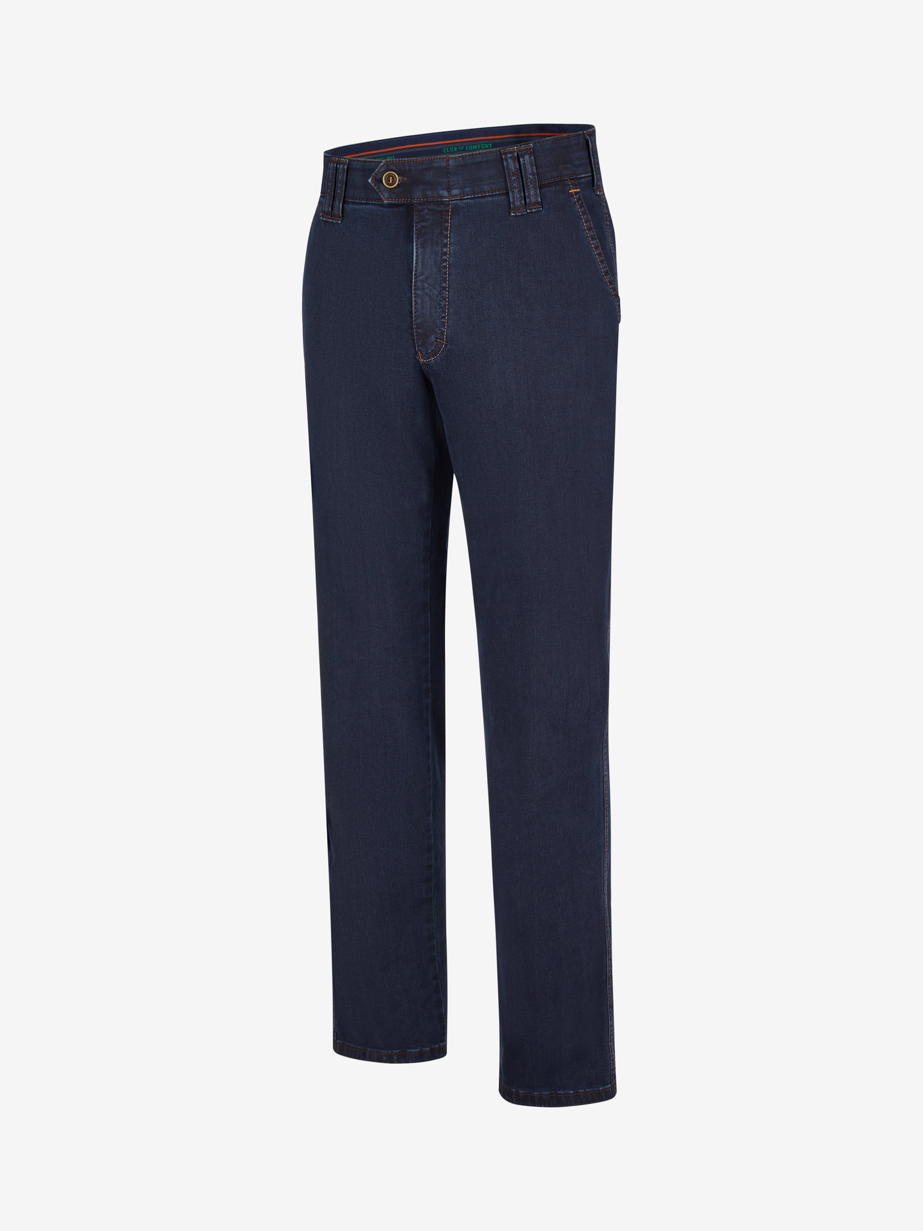 Dunkelblaue GARVEY 7915 Flat Front-Hose aus elastischem Super High Stretch-Denim mit Hemdstopper, elastischem Komfortbund, Bundverlängerung mit Knopf und Haken, regular fit, schmaler Beinverlauf, made in Green by Oeko-Tex, geeignet für ganzjährige Tätigkeit, für Figurtyp Regular.