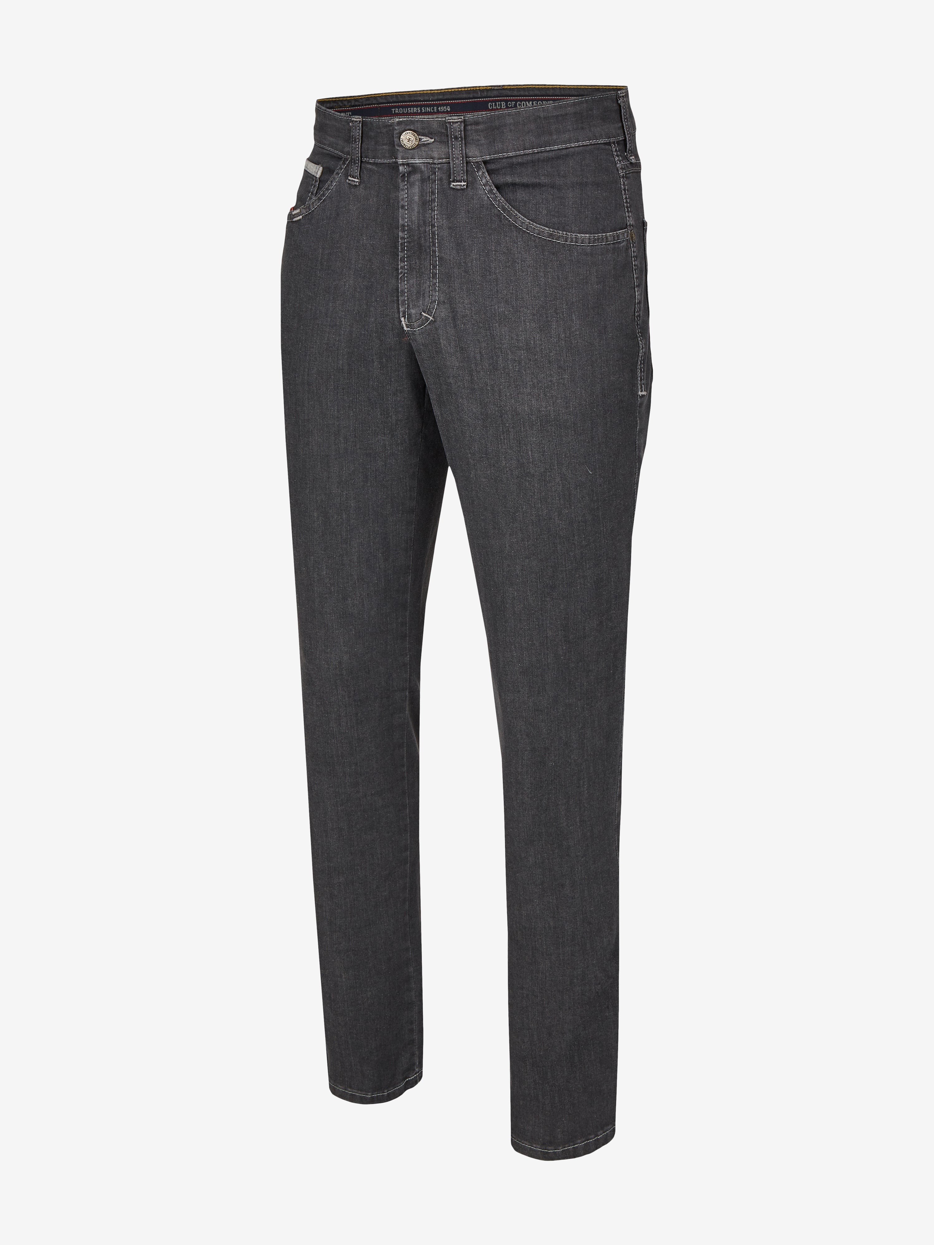 Graue Hose "HENRY-X6516" von Club of Comfort, aus super High Stretch-Denim mit 7-Pocket-Design, elastischem Doppelstoffbund, Mobile Pocket und Reißverschluss-Leistentasche, normales Hüftprofil, schlankes Bein.