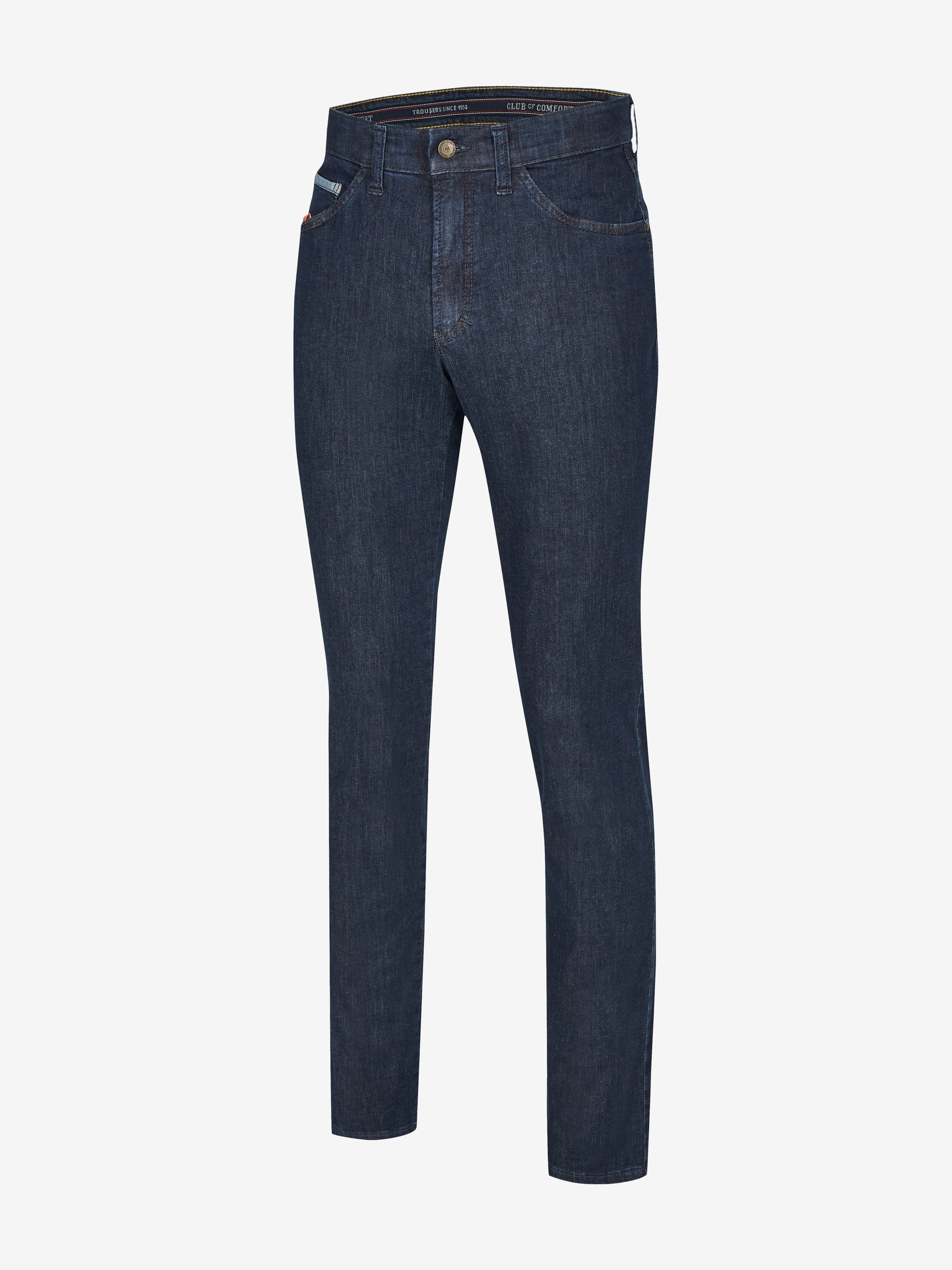 Dunkelblaue 7-Pocket Jeans Hose von Club of Comfort, regular Fit, mit elastischem Doppelstoffbund, Mobile Pocket für Smartphone, Reißverschluss-Leistentasche, aus lichtem, hoch elastischem Super High Stretch-Denim mit PBT-High-Tech-Faser, schlankes Bein, made in Green by Oeko-Tex.