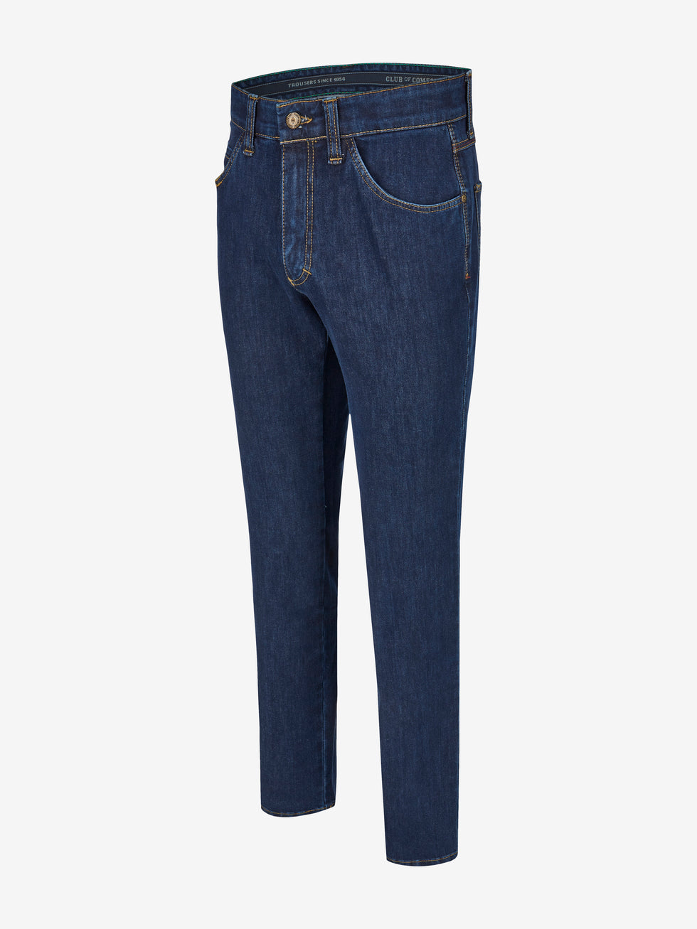 Blaue Jeanshose „HENRY-Z7054“ von Club of Comfort, mit 6-Pocket-Design, elastischem Doppelstoffbund, Hemdstopper und separater Mobile Pocket in der rechten Vordertasche. Gefertigt aus hochelastischem Bi-Stretch-Denim, formstabil durch T400-Beimischung, mit normaler Leibhöhe, schmalem Bein und schmaler Fußweite.