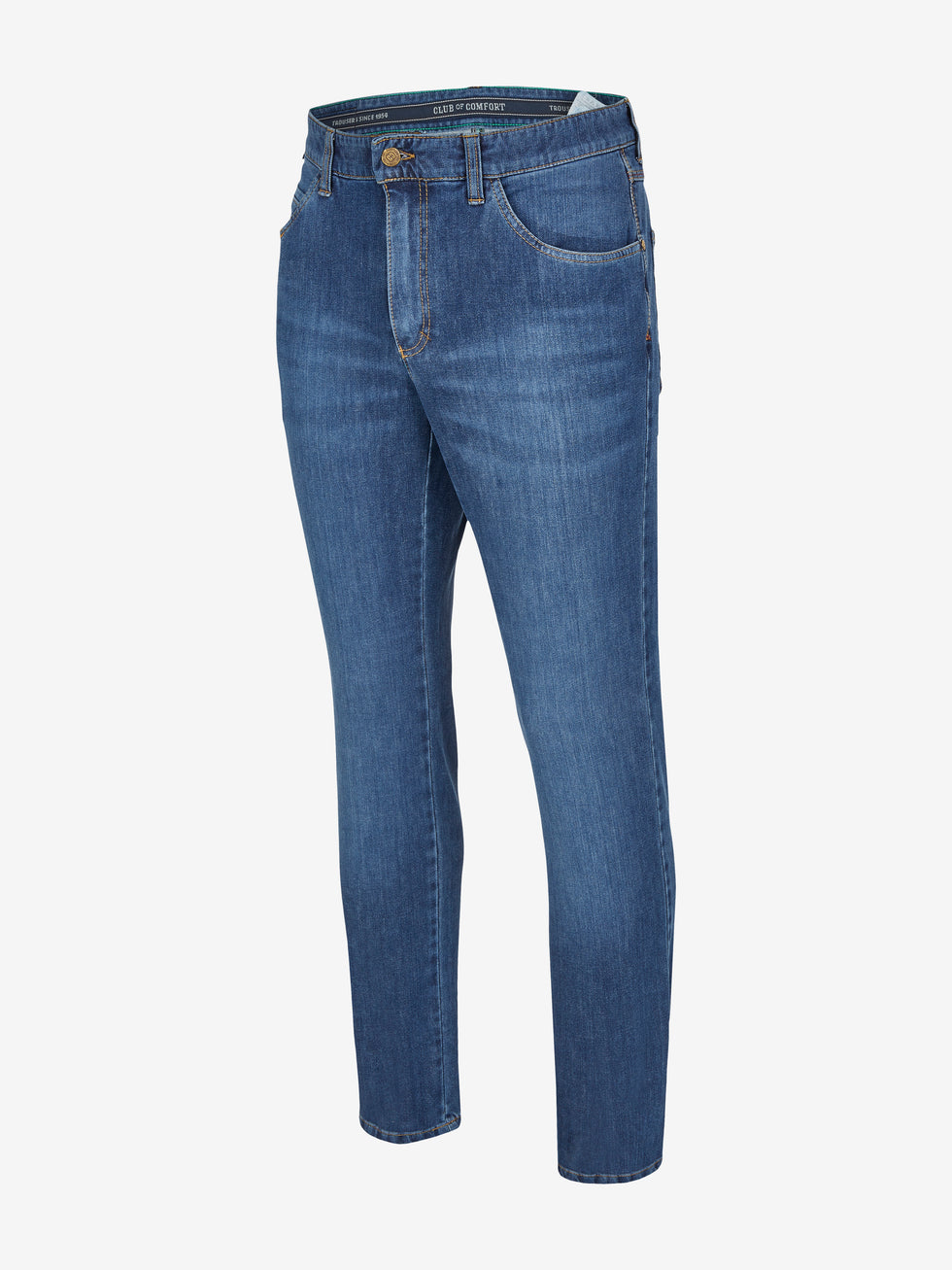 Blaue, gewaschene 6-Pocket Jeans-Hose „HENRY 7054“ von Club of Comfort mit elastischem Doppelstoffbund, Hemdstopper und separater „Mobile Pocket“ in der rechten Vordertasche, hergestellt aus hochelastischem Bi-Stretch-Denim mit Lycra dual-FX® Technologie, normaler Leibhöhe, schlankem Bein, komfortabler Passform, geeignet für Ganzjahresgebrauch.