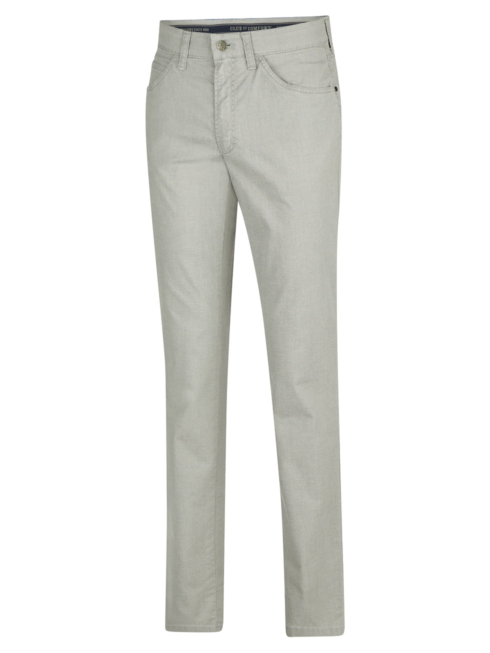 Grauere 6-Pocket Hose "HENRY 8108" von Club of Comfort aus stretchiger Baumwolle mit elastischem Bund, Hemdstopper, separater Mobile Pocket in der rechten Vordertasche, normale Leibhöhe, schlankes Bein, Made in Green by Oeko-Tex, ideal für Frühling/Sommer, perfekt für aktiven Alltag.