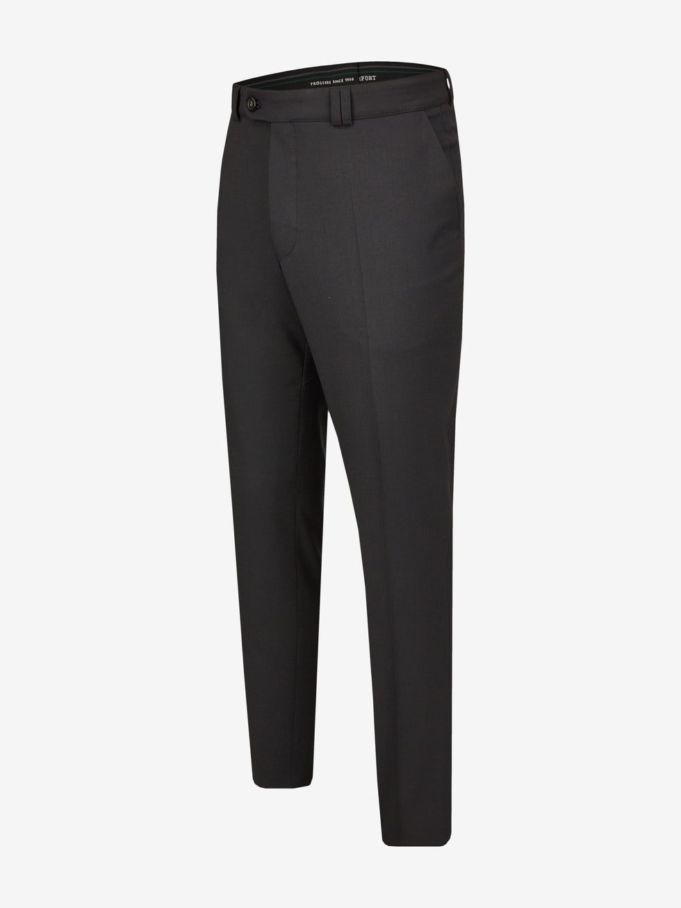 Schwarze SANTOS 2590 Flat Front-Hose mit elastischem Komfortbund, Hemdenstopper, geradem Bein, aus maschinenwaschbarer Woll-Misch-Qualität, in K-Größen, Regular Fit, ideal für Ganzjahreszeit, hergestellt von Club of Comfort.