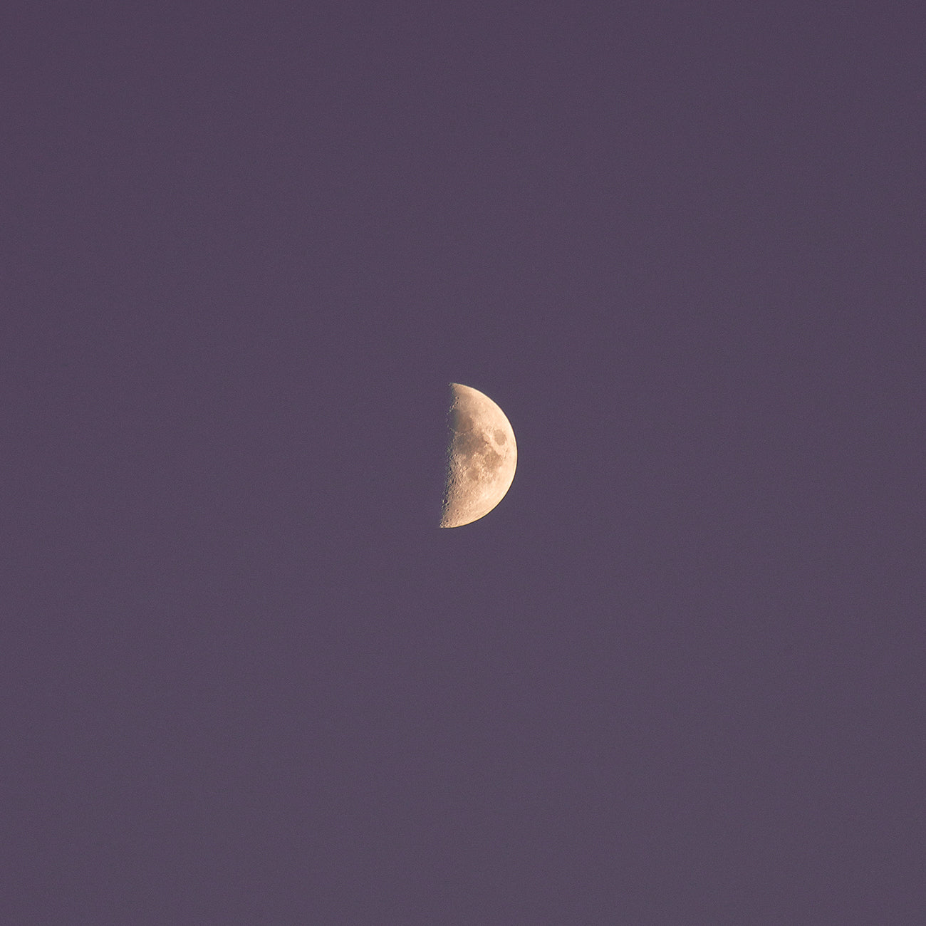 Ein Blick auf den Himmel zeigt die halb sichtbare Mondphase mit sichtbaren Kratern und Oberflächenstrukturen, umgeben von einem dunklen, klaren Nachthimmel.