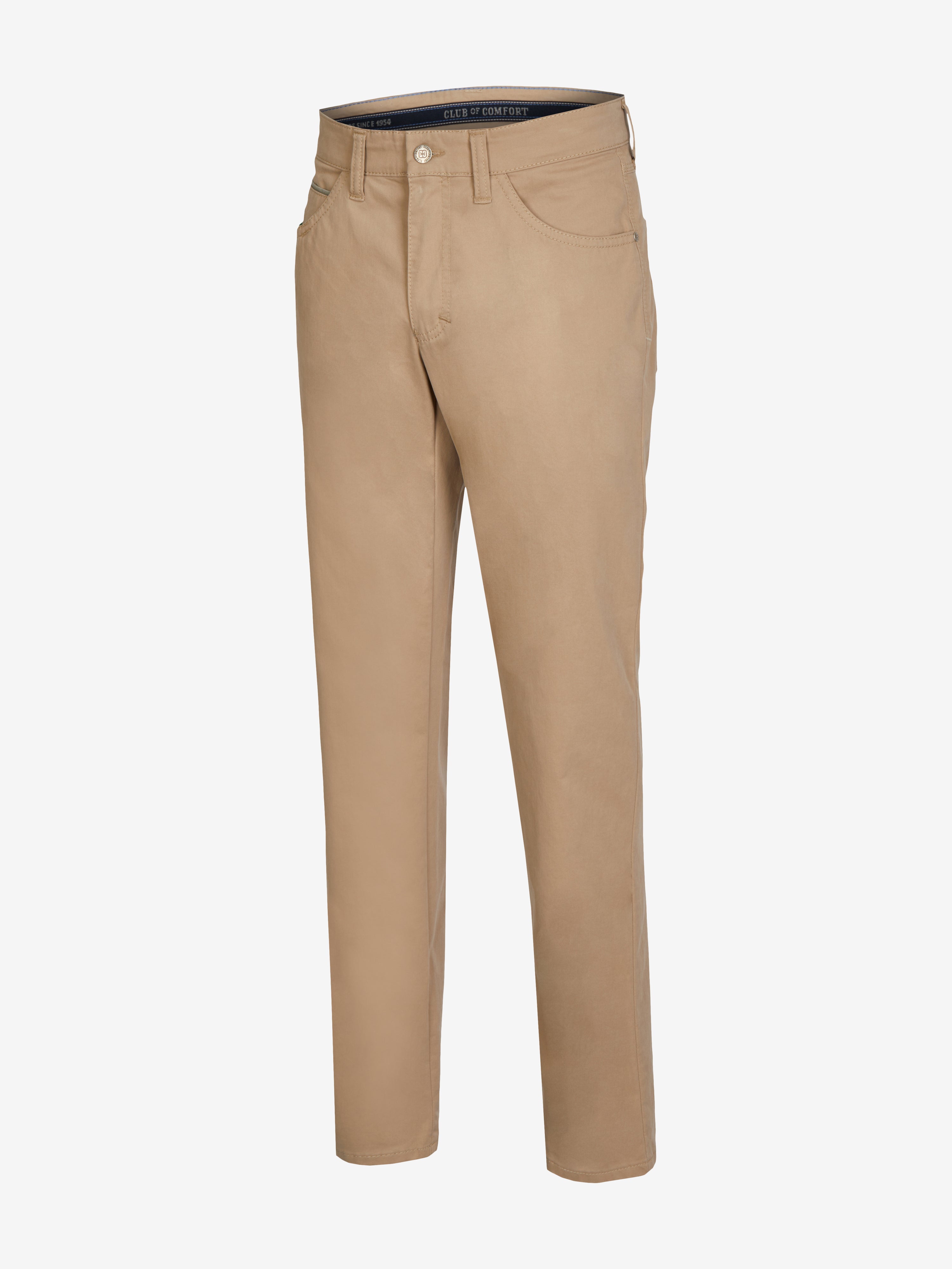 Beige HENRY 7323 Baumwollhose mit 6-Pocket, elastischem Doppelstoffbund, Hemdstopper, separater Mobile Pocket rechts, regulärer Fit, High Stretch, Coolmax EcoMade Klimaregulierung, hergestellt von Club of Comfort, für Frühling/Sommer, nachhaltig, bequem, schlankes Bein, Made in Green by Oeko-Tex.