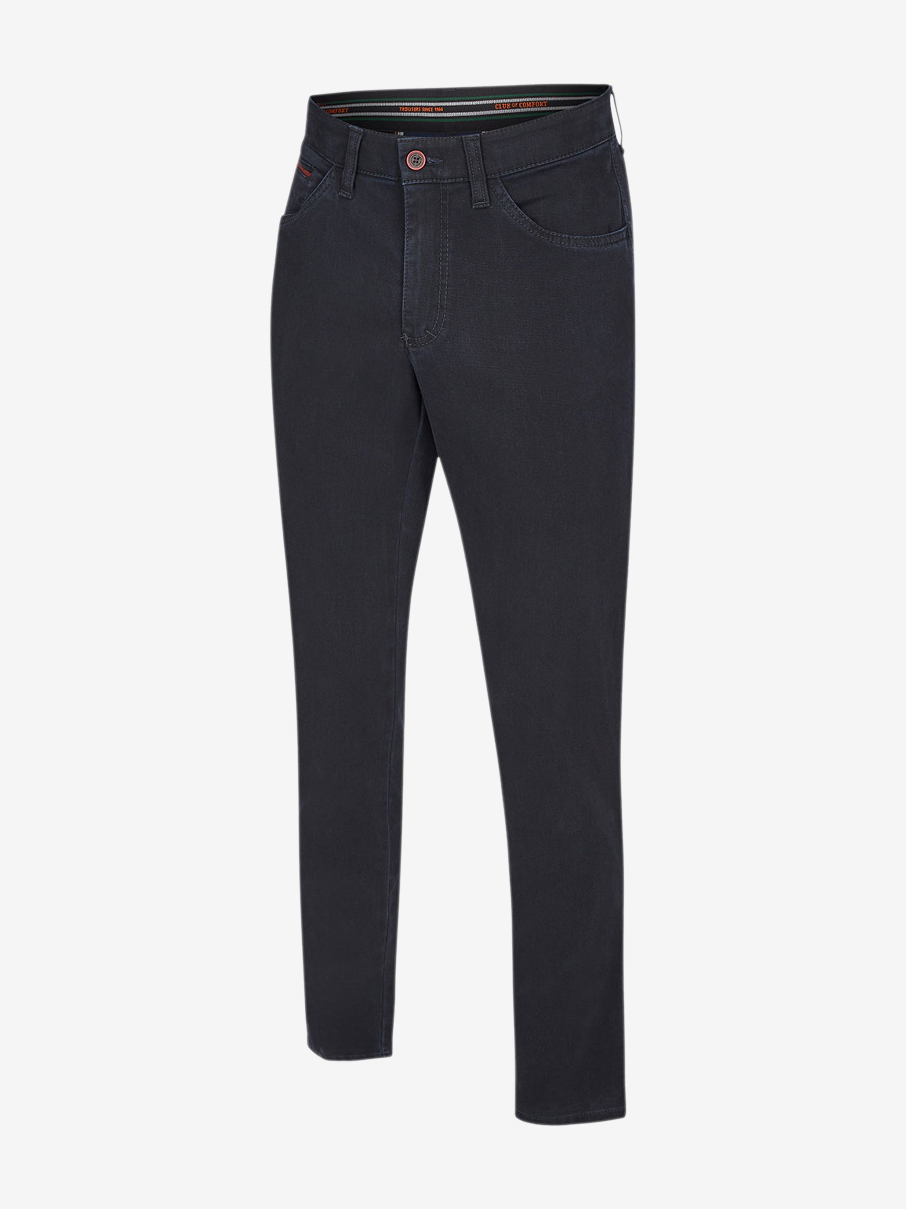 Blaue MARVIN 7218 Hose von Club of Comfort mit regulärer Passform, modifizierter 5-Pocket-Design, Swing-Pocket, elastischem Comfortbund, Hemdenstopper, High Stretch, Baumwoll-Mikrostruktur, Double Dye-Färbung, hergestellt in Deutschland. Ideal für Herbst/Winter, bequem und sporty.