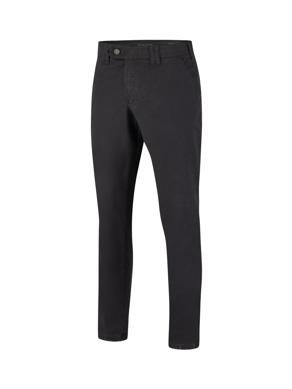 Dunkelblaue DENVER 4402 Flat Front-Hose aus Baumwolle mit High Stretch, elastischem Komfortbund, Hemdstopper, geradem Bein, Sicherheits-Reißverschluss-Tasche auf der rechten Rückseite, normaler Leibhöhe, made in Green by Oeko-Tex, für einen gepflegten, legeren Look.
