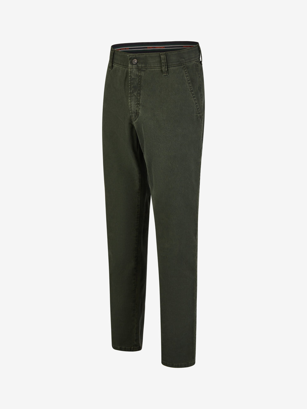 Dunkelgrüne DENVER 7819 Flat Front-Hose aus elastischem Baumwoll-Gabardine mit High Stretch, geradem Bein, Komfortbund, Hemdenstopper, normale Leibhöhe, hergestellt von Club of Comfort, geeignet für Herbst/Winter, mit edlem Griff und nachhaltigem Green by Oeko-Tex Label.