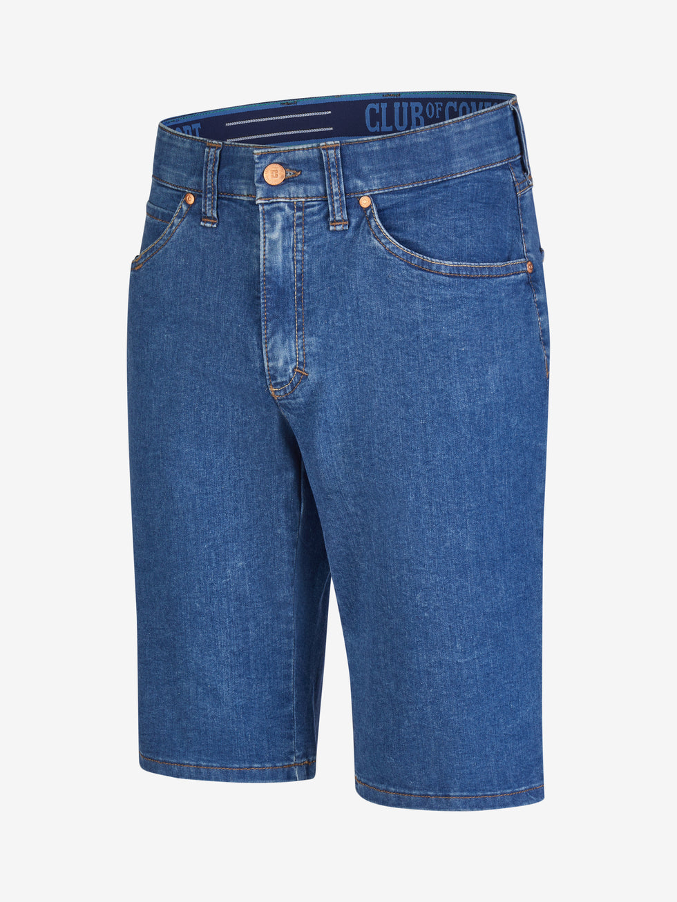 Blaue Bermuda-Shorts ESPANA 6516 von Club of Comfort aus hoch elastischem Super High Stretch-Denim mit elastischem Komfortbund, Hemdenstopper, normaler Leibhöhe, 5-Pocket-Design, straight fit, langlebig, leicht, für Frühling/Sommer, Made in Green by Oeko-Tex.