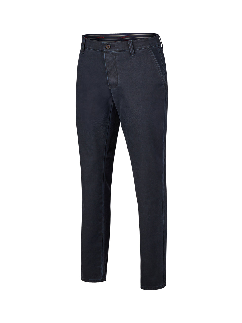 Dunkelblaue GARVEY 8025 Chino-Hose mit Flat Front, Komfortbund, Hemdenstopper, High-Stretch-Baumwolle mit Thermolite-Wärmeisolierung, Slimmer Beinverlauf, reguläre Leibhöhe, hergestellt von Club of Comfort, geeignet für Herbst/Winter.