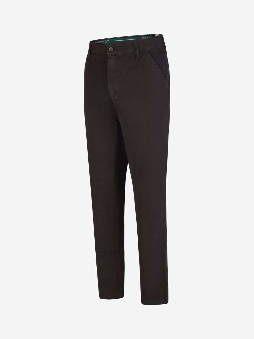 Schwarze GARVEY 8070 Flat Front-Hose mit elastischem Komfortbund und Hemdstopper, gefertigt aus bi-elastischer Baumwolle. Normale Leibhöhe, schmalere Fußweite, Regular Fit, Model trägt Größe 38. Made in Green by Oeko-Tex, mit Safety-Pocket, 360° Stretch, geeignet für das ganze Jahr.