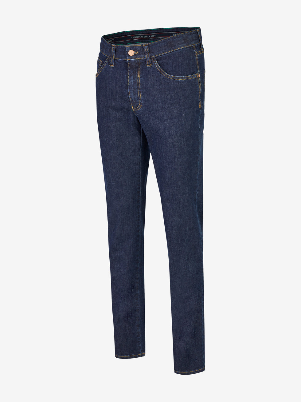 Blaue 5-Pocket Jeanshose HENRY-Z6516 von Club of Comfort mit elastischem Doppelstoffbund, Mobile Pocket für Smartphone, Münztasche mit Kontrast-Patch, hergestellt aus hoch elastischem Super High Stretch-Denim mit T400-Technologie, normaler Leibhöhe, schlankes Bein, schmaler Fußweite, nachhaltig, für alle Jahreszeiten, reguläre Passform.