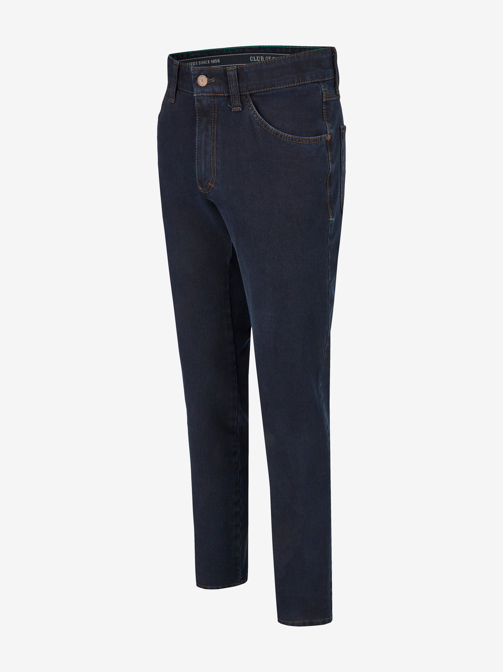 Dunkelblaue HENRY-Z7054 6-Pocket Jeanshose mit elastischem Doppelstoffbund, Hemdstopper und separater Mobile Pocket in der rechten Vordertasche, hergestellt aus superelastischem Bi-Stretch-Denim mit T400-Beimischung, Regular Fit, normales Bein, schlanke Fußweite, ideal für Ganzjahresgebrauch.