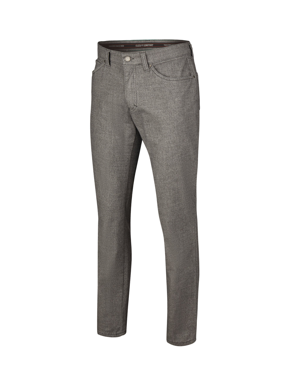Grau melierte 5-Pocket-Hose von Club of Comfort, mit elastischem Doppelstoffbund, Smartphone- und Münztasche, langlebigem Baumwoll-Woll-Mix, Regular Fit, Komfortbund, geeignet für Herbst/Winter, weiteres detailreiches Produktbild.