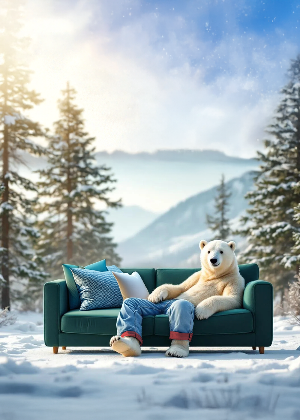 Ein weißer Bär sitzt entspannt auf einem grünen Sofa inmitten einer verschneiten Winterlandschaft. Im Hintergrund sind hohe Tannenbäume und schneebedeckte Berge zu sehen, während der Himmel leicht bewölkt und mit einem sanften Licht erhellt ist. Der Bär trägt eine lockere Jeans und hat sich mit Kissen auf dem Sofa gemütlich gemacht.
